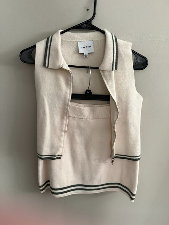 Pink Rose Dresses & Skirts - Pink Rose M cream two piece set with green detailing - mini skirt and zip vest